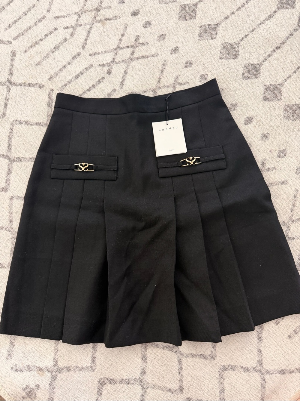 Sandro Black Pleated Mini Skirt with Gold Accent Buckles